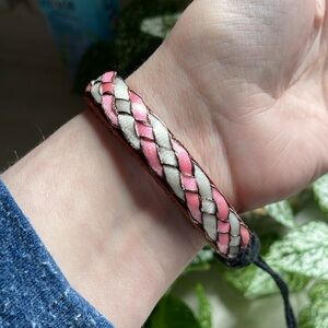 Leather and braided silk ribbon pink white brown black adjustable bracket